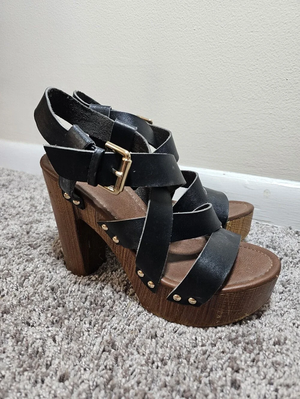 Mossimo Supply Co. Black Strappy Platform Sandals with Gold Buckle